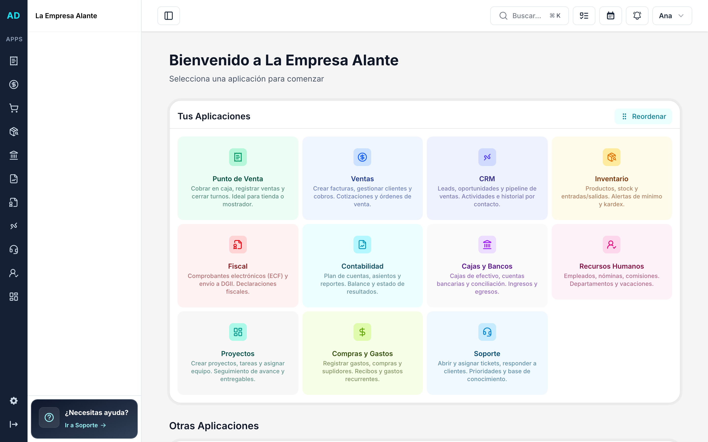 Pantalla de Alante Digital: aplicaciones de ventas, inventario, fiscal, nómina y más