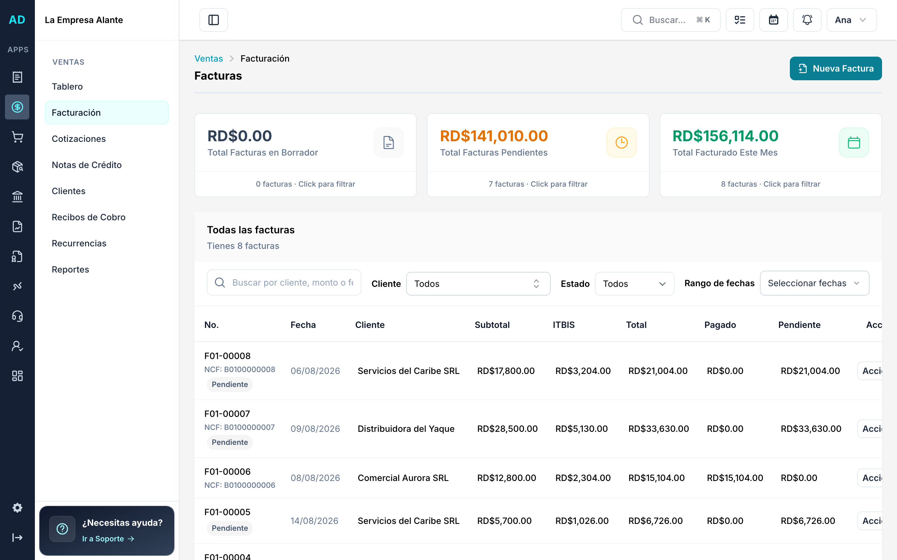 Listado de facturas con NCF, ITBIS y saldos en Alante Digital